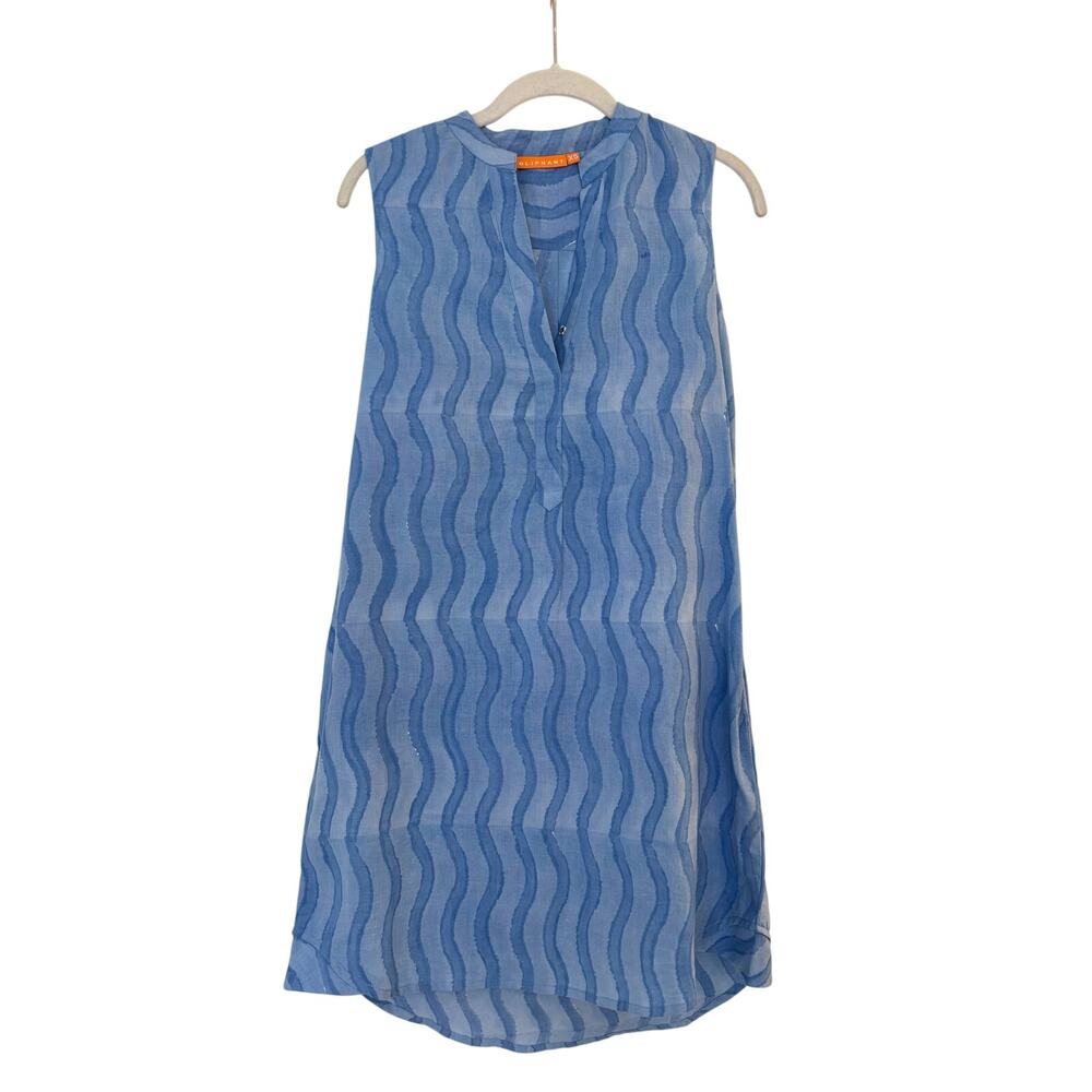 Oliphant Blue Wave Block Print Cotton Sleeveless Shirtdress Tunic Cover Up XS